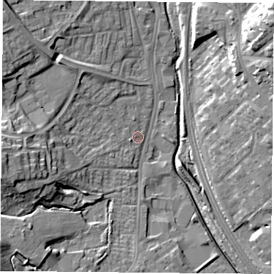 Shaded relief map of the ground around NG68RW, computed from Environment Agency LiDAR. The ground here sits at about 43 m above sea level and falls 26 m across the surrounding 800 m. Surface water reaching this point runs off ground lying to the west, 16.6 m higher.