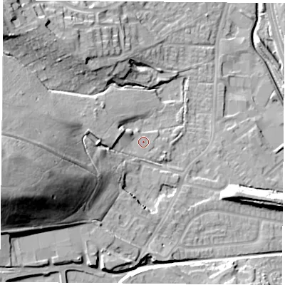 Shaded relief map of the ground around NG68RX, computed from Environment Agency LiDAR. The ground here sits at about 48 m above sea level and falls 48 m across the surrounding 800 m. Surface water reaching this point runs off ground lying to the west, 5.0 m higher.
