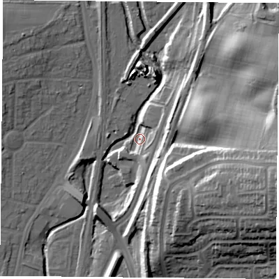 Shaded relief map of the ground around NG68SR, computed from Environment Agency LiDAR. The ground here sits at about 51 m above sea level and falls 37 m across the surrounding 800 m. Surface water reaching this point runs off ground lying to the east, 33.2 m higher.