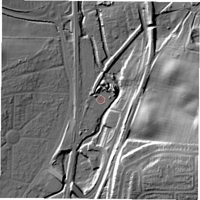 Shaded relief map of the ground around NG68SS, computed from Environment Agency LiDAR. The ground here sits at about 50 m above sea level and falls 35 m across the surrounding 800 m. Surface water reaching this point runs off ground lying to the north-north-west, 3.4 m higher.