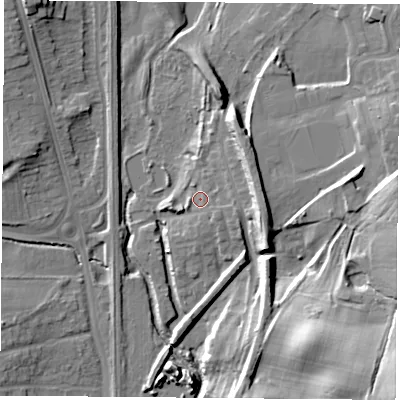 Shaded relief map of the ground around NG68SW, computed from Environment Agency LiDAR. The ground here sits at about 55 m above sea level and falls 30 m across the surrounding 800 m. Surface water reaching this point runs off ground lying to the east-south-east, 2.7 m higher.