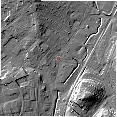 Shaded relief map of the ground around NG68ZJ, computed from Environment Agency LiDAR. The ground here sits at about 45 m above sea level and falls 20 m across the surrounding 800 m. Surface water reaching this point runs off ground lying to the north-west, 7.7 m higher.