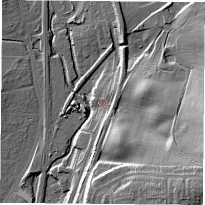 Shaded relief map of the ground around NG68ZW, computed from Environment Agency LiDAR. The ground here sits at about 56 m above sea level and falls 39 m across the surrounding 800 m. Surface water reaching this point runs off ground lying to the east-south-east, 7.2 m higher.