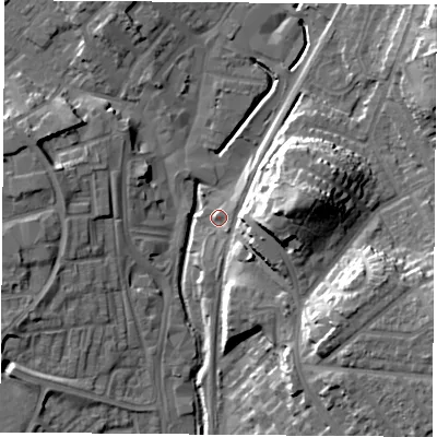 Shaded relief map of the ground around NG69AA, computed from Environment Agency LiDAR. The ground here sits at about 45 m above sea level and falls 21 m across the surrounding 800 m. Surface water reaching this point runs off ground lying to the east-north-east, 17.2 m higher.