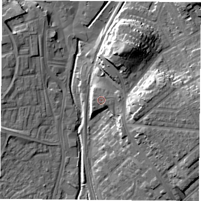 Shaded relief map of the ground around NG69ND, computed from Environment Agency LiDAR. The ground here sits at about 50 m above sea level and falls 21 m across the surrounding 800 m. Surface water reaching this point runs off ground lying to the east-north-east, 1.4 m higher.