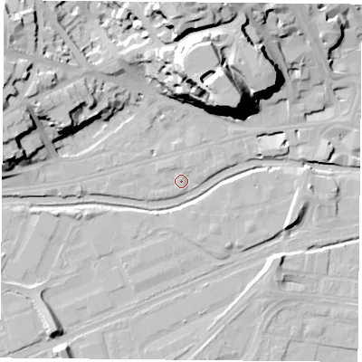 Shaded relief map of the ground around NG71FA, computed from Environment Agency LiDAR. The ground here sits at about 26 m above sea level and falls 42 m across the surrounding 800 m. Surface water reaching this point runs off ground lying to the north, 35.5 m higher.