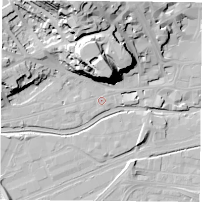 Shaded relief map of the ground around NG71FD, computed from Environment Agency LiDAR. The ground here sits at about 26 m above sea level and falls 42 m across the surrounding 800 m. Surface water reaching this point runs off ground lying to the north, 39.2 m higher.