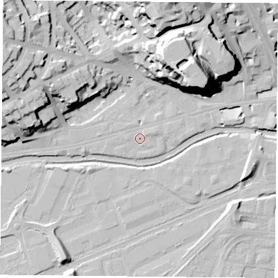 Shaded relief map of the ground around NG71FF, computed from Environment Agency LiDAR. The ground here sits at about 26 m above sea level and falls 42 m across the surrounding 800 m. Surface water reaching this point runs off ground lying to the north-north-east, 35.5 m higher.