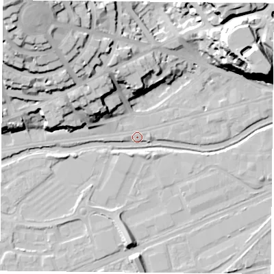 Shaded relief map of the ground around NG71FJ, computed from Environment Agency LiDAR. The ground here sits at about 26 m above sea level and falls 42 m across the surrounding 800 m. Surface water reaching this point runs off ground lying to the north-west, 17.5 m higher.