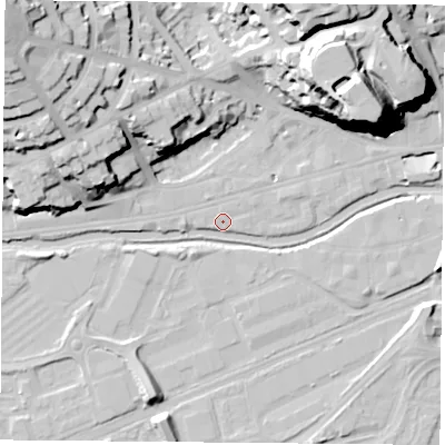 Shaded relief map of the ground around NG71FW, computed from Environment Agency LiDAR. The ground here sits at about 26 m above sea level and falls 42 m across the surrounding 800 m. Surface water reaching this point runs off ground lying to the west, 2.2 m higher.
