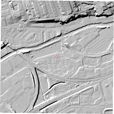 Shaded relief map of the ground around NG71GA, computed from Environment Agency LiDAR. The ground here sits at about 25 m above sea level and falls 24 m across the surrounding 800 m. Surface water reaching this point runs off ground lying to the west-south-west, 2.0 m higher.