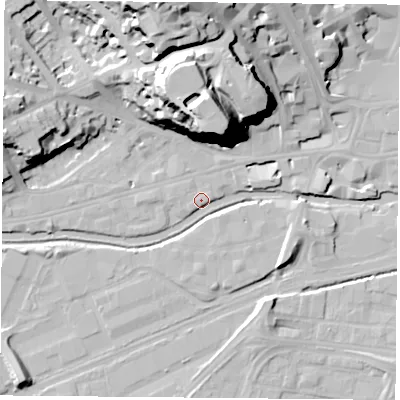 Shaded relief map of the ground around NG71GD, computed from Environment Agency LiDAR. The ground here sits at about 26 m above sea level and falls 42 m across the surrounding 800 m. Surface water reaching this point runs off ground lying to the north, 38.3 m higher.