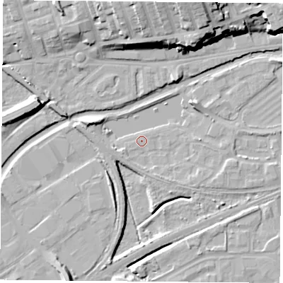 Shaded relief map of the ground around NG71GF, computed from Environment Agency LiDAR. The ground here sits at about 25 m above sea level and falls 22 m across the surrounding 800 m. Surface water reaching this point runs off ground lying to the east-north-east, 3.9 m higher.