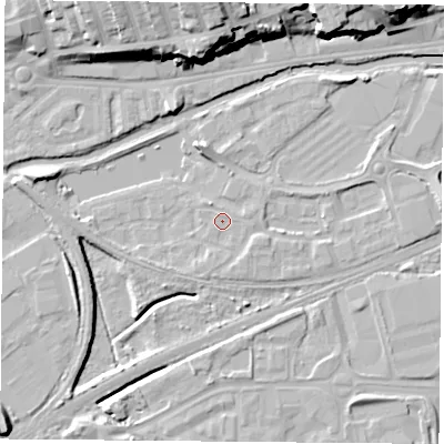 Shaded relief map of the ground around NG71GJ, computed from Environment Agency LiDAR. The ground here sits at about 25 m above sea level and falls 21 m across the surrounding 800 m. Surface water reaching this point runs off ground lying to the east, 4.2 m higher.