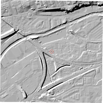 Shaded relief map of the ground around NG71GT, computed from Environment Agency LiDAR. The ground here sits at about 25 m above sea level and falls 20 m across the surrounding 800 m. Surface water reaching this point runs off ground lying to the west, 2.0 m higher.