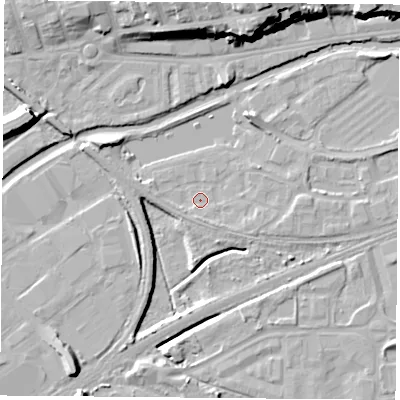 Shaded relief map of the ground around NG71GU, computed from Environment Agency LiDAR. The ground here sits at about 25 m above sea level and falls 20 m across the surrounding 800 m. Surface water reaching this point runs off ground lying to the south-south-east, 1.8 m higher.