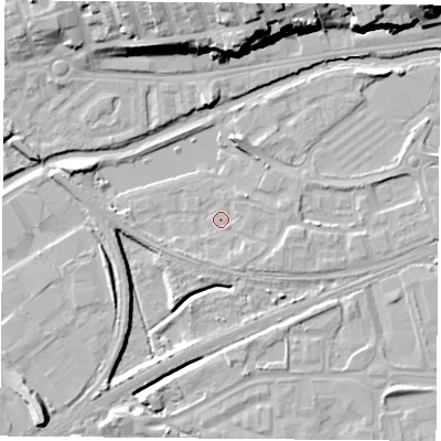 Shaded relief map of the ground around NG71GW, computed from Environment Agency LiDAR. The ground here sits at about 25 m above sea level and falls 21 m across the surrounding 800 m. Surface water reaching this point runs off ground lying to the east-north-east, 2.1 m higher.