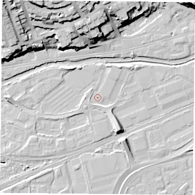 Shaded relief map of the ground around NG71GX, computed from Environment Agency LiDAR. The ground here sits at about 25 m above sea level and falls 28 m across the surrounding 800 m. Surface water reaching this point runs off ground lying to the north-north-east, 1.1 m higher.