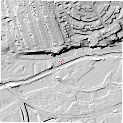 Shaded relief map of the ground around NG71GY, computed from Environment Agency LiDAR. The ground here sits at about 26 m above sea level and falls 38 m across the surrounding 800 m. Surface water reaching this point runs off ground lying to the north-west, 19.4 m higher.