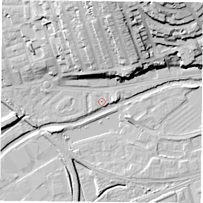 Shaded relief map of the ground around NG71GZ, computed from Environment Agency LiDAR. The ground here sits at about 26 m above sea level and falls 34 m across the surrounding 800 m. Surface water reaching this point runs off ground lying to the north-north-east, 1.6 m higher.