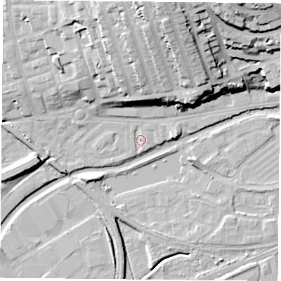 Shaded relief map of the ground around NG71HB, computed from Environment Agency LiDAR. The ground here sits at about 26 m above sea level and falls 34 m across the surrounding 800 m. Surface water reaching this point runs off ground lying to the south-east, 1.1 m higher.