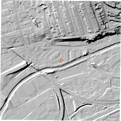 Shaded relief map of the ground around NG71HD, computed from Environment Agency LiDAR. The ground here sits at about 26 m above sea level and falls 31 m across the surrounding 800 m. Surface water reaching this point runs off ground lying to the north-north-west, 1.2 m higher.