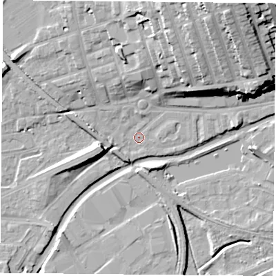 Shaded relief map of the ground around NG71HE, computed from Environment Agency LiDAR. The ground here sits at about 26 m above sea level and falls 30 m across the surrounding 800 m. Surface water reaching this point runs off ground lying to the north, 18.1 m higher.