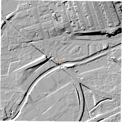 Shaded relief map of the ground around NG71HF, computed from Environment Agency LiDAR. The ground here sits at about 26 m above sea level and falls 27 m across the surrounding 800 m. Surface water reaching this point runs off ground lying to the south-east, 4.6 m higher.