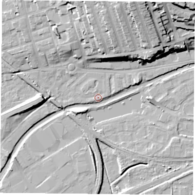 Shaded relief map of the ground around NG71HG, computed from Environment Agency LiDAR. The ground here sits at about 26 m above sea level and falls 29 m across the surrounding 800 m. Surface water reaching this point runs off ground lying to the north, 18.8 m higher.