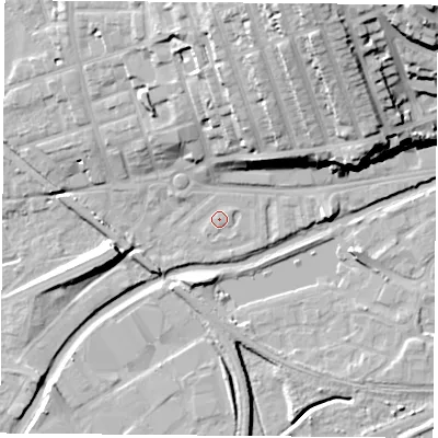 Shaded relief map of the ground around NG71HH, computed from Environment Agency LiDAR. The ground here sits at about 26 m above sea level and falls 34 m across the surrounding 800 m. Surface water reaching this point runs off ground lying to the east-north-east, 1.2 m higher.