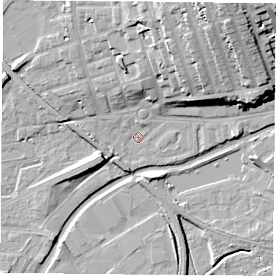 Shaded relief map of the ground around NG71HJ, computed from Environment Agency LiDAR. The ground here sits at about 26 m above sea level and falls 31 m across the surrounding 800 m. Surface water reaching this point runs off ground lying to the north-north-east, 19.1 m higher.