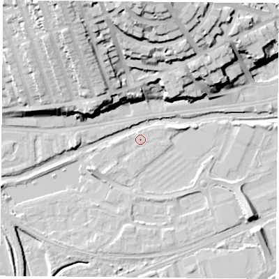 Shaded relief map of the ground around NG71HR, computed from Environment Agency LiDAR. The ground here sits at about 25 m above sea level and falls 36 m across the surrounding 800 m. Surface water reaching this point runs off ground lying to the south, 0.6 m higher.