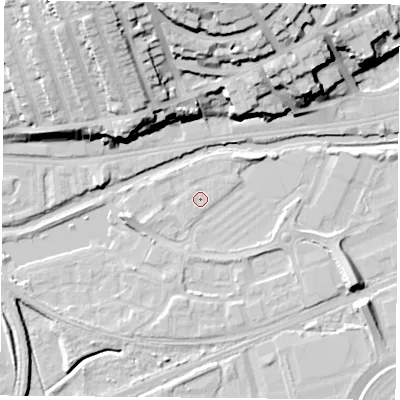 Shaded relief map of the ground around NG71HT, computed from Environment Agency LiDAR. The ground here sits at about 25 m above sea level and falls 32 m across the surrounding 800 m. The ground contributing surface water to this point lies to the west.