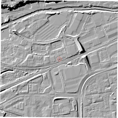 Shaded relief map of the ground around NG71LD, computed from Environment Agency LiDAR. The ground here sits at about 26 m above sea level and falls 18 m across the surrounding 800 m. Surface water reaching this point runs off ground lying to the west, 1.2 m higher.