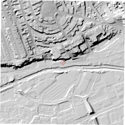 Shaded relief map of the ground around NG71RU, computed from Environment Agency LiDAR. The ground here sits at about 26 m above sea level and falls 40 m across the surrounding 800 m. Surface water reaching this point runs off ground lying to the north-north-west, 38.6 m higher.