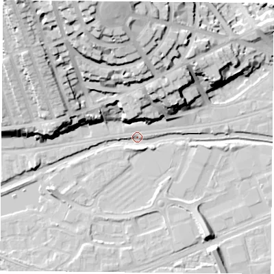 Shaded relief map of the ground around NG71SL, computed from Environment Agency LiDAR. The ground here sits at about 25 m above sea level and falls 39 m across the surrounding 800 m. Surface water reaching this point runs off ground lying to the north-north-west, 38.0 m higher.