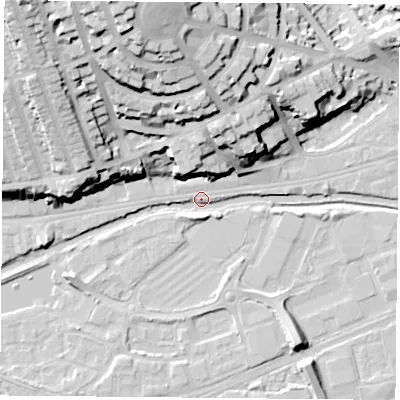 Shaded relief map of the ground around NG71SW, computed from Environment Agency LiDAR. The ground here sits at about 26 m above sea level and falls 39 m across the surrounding 800 m. Surface water reaching this point runs off ground lying to the north-north-west, 38.0 m higher.