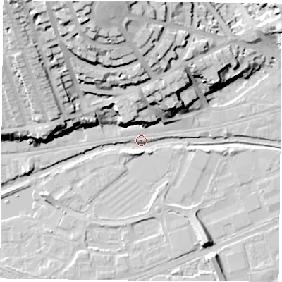 Shaded relief map of the ground around NG71SY, computed from Environment Agency LiDAR. The ground here sits at about 26 m above sea level and falls 39 m across the surrounding 800 m. Surface water reaching this point runs off ground lying to the north-north-west, 38.0 m higher.