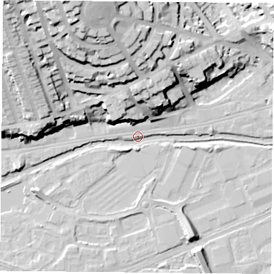 Shaded relief map of the ground around NG71SZ, computed from Environment Agency LiDAR. The ground here sits at about 26 m above sea level and falls 40 m across the surrounding 800 m. Surface water reaching this point runs off ground lying to the north-north-west, 39.1 m higher.