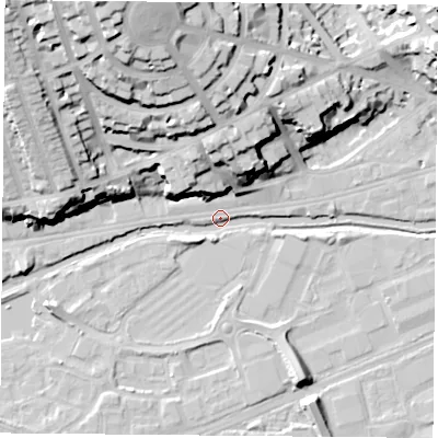 Shaded relief map of the ground around NG71TA, computed from Environment Agency LiDAR. The ground here sits at about 26 m above sea level and falls 40 m across the surrounding 800 m. Surface water reaching this point runs off ground lying to the north-north-west, 39.5 m higher.