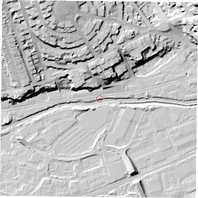 Shaded relief map of the ground around NG71TB, computed from Environment Agency LiDAR. The ground here sits at about 26 m above sea level and falls 40 m across the surrounding 800 m. Surface water reaching this point runs off ground lying to the north-north-west, 39.5 m higher.