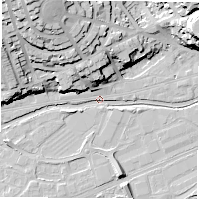 Shaded relief map of the ground around NG71TD, computed from Environment Agency LiDAR. The ground here sits at about 26 m above sea level and falls 40 m across the surrounding 800 m. Surface water reaching this point runs off ground lying to the north-west, 39.5 m higher.