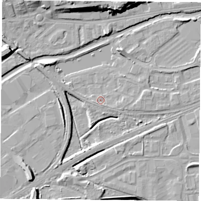 Shaded relief map of the ground around NG71TH, computed from Environment Agency LiDAR. The ground here sits at about 25 m above sea level and falls 19 m across the surrounding 800 m. Surface water reaching this point runs off ground lying to the west-south-west, 1.4 m higher.