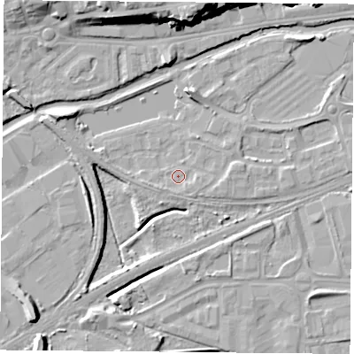 Shaded relief map of the ground around NG71TJ, computed from Environment Agency LiDAR. The ground here sits at about 25 m above sea level and falls 18 m across the surrounding 800 m. Surface water reaching this point runs off ground lying to the south-east, 1.1 m higher.