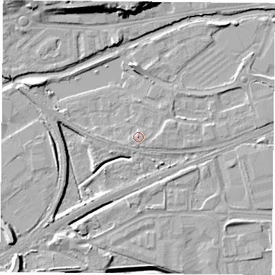 Shaded relief map of the ground around NG71TL, computed from Environment Agency LiDAR. The ground here sits at about 26 m above sea level and falls 19 m across the surrounding 800 m. Surface water reaching this point runs off ground lying to the south-south-east, 1.1 m higher.