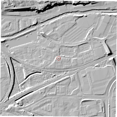 Shaded relief map of the ground around NG71TN, computed from Environment Agency LiDAR. The ground here sits at about 27 m above sea level and falls 20 m across the surrounding 800 m. Surface water reaching this point runs off ground lying to the east, 6.9 m higher.