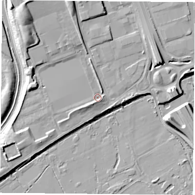 Shaded relief map of the ground around NG72AA, computed from Environment Agency LiDAR. The ground here sits at about 27 m above sea level and falls 14 m across the surrounding 800 m. Surface water reaching this point runs off ground lying to the north-west, 10.0 m higher.