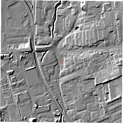 Shaded relief map of the ground around NG72AS, computed from Environment Agency LiDAR. The ground here sits at about 30 m above sea level and falls 18 m across the surrounding 800 m. Surface water reaching this point runs off ground lying to the north-east, 16.6 m higher.