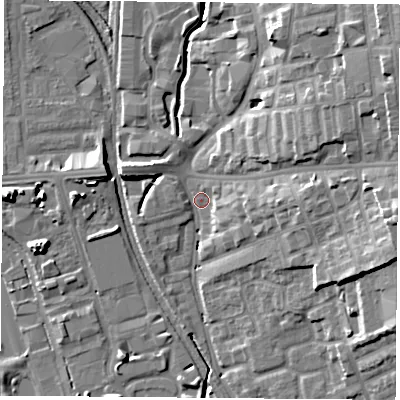 Shaded relief map of the ground around NG72AY, computed from Environment Agency LiDAR. The ground here sits at about 30 m above sea level and falls 18 m across the surrounding 800 m. Surface water reaching this point runs off ground lying to the north-east, 16.0 m higher.
