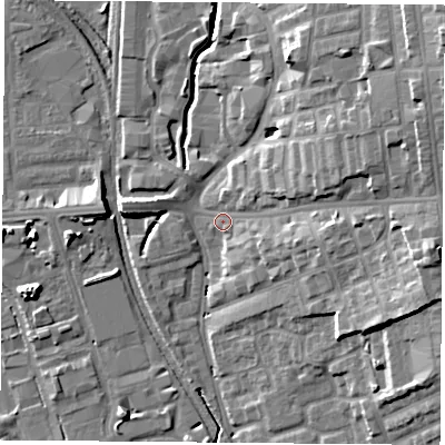 Shaded relief map of the ground around NG72AZ, computed from Environment Agency LiDAR. The ground here sits at about 31 m above sea level and falls 19 m across the surrounding 800 m. Surface water reaching this point runs off ground lying to the north-east, 14.7 m higher.